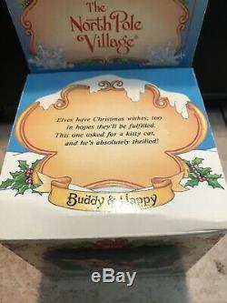 Enesco North Pole Village Elves Buddy & Happy Two Elves & Cat In Gift Box! Euc