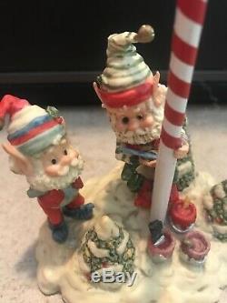 Enesco North Pole Village Elves Razzle & Dazzle Painting Flag Pole Euc