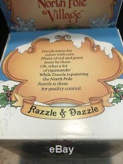 Enesco North Pole Village Elves Razzle & Dazzle Painting Flag Pole Euc