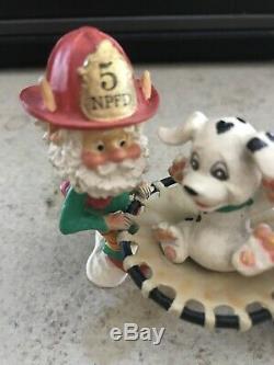 Enesco North Pole Villagesparky, Scooter & Smooch The Pooch Firemen Elves Euc