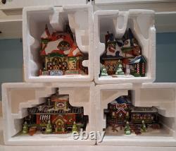 Set of 4 Dept 56, North Pole 15 Yrs Christmas Houses, Boxes, New Lights & Trees