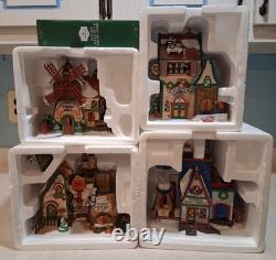 Set of 4 Dept 56 North Pole Christmas Houses with Boxes, 3 Trees & New Lights