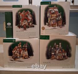 Set of 4 Dept 56 North Pole Christmas Houses with Boxes, 3 Trees & New Lights
